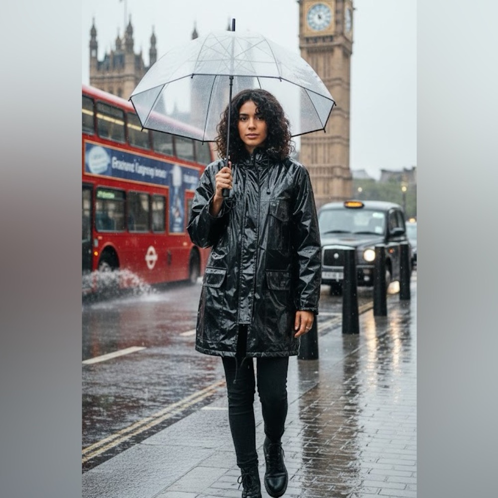 VTG J.G. Hook Black PVC Raincoat Jacket Shiny Vinyl Gingham Lined Hooded M Y2K